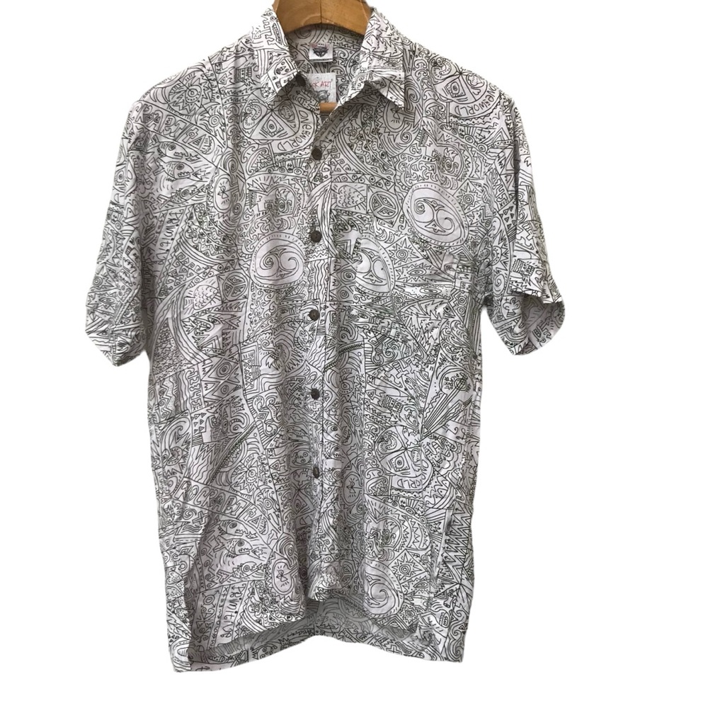NEW - Rock Art Primitive Look Tiki Sketch SS Button Down Graphic Shirt size XXL